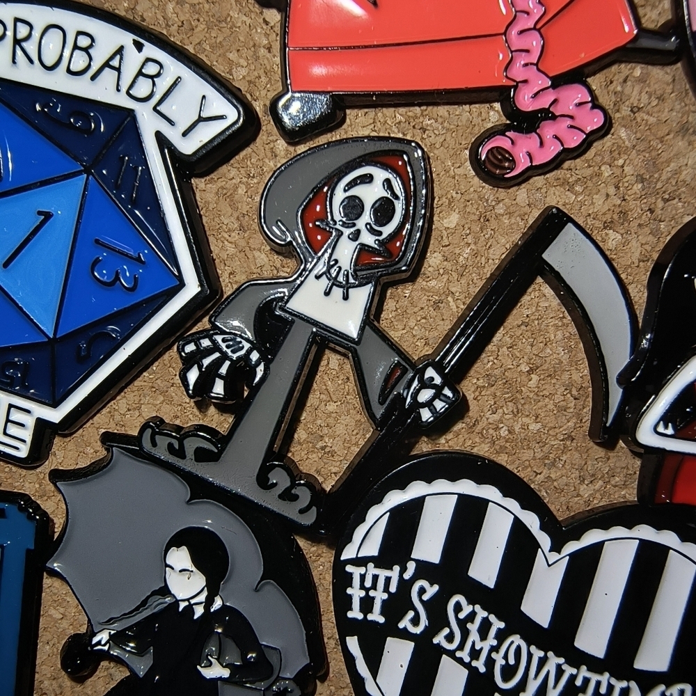 Grim Reaper Enamel Pin - Gray, Black, White with Red Accent